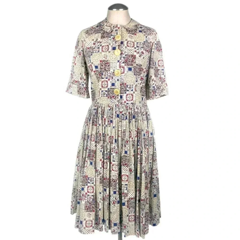 Vintage 1960s Patterned Collared Dress - M